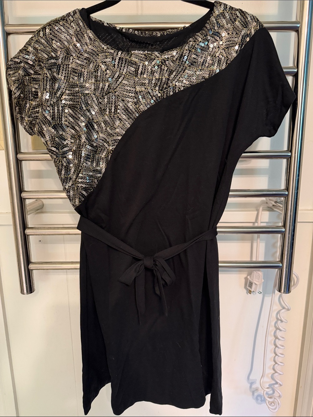 Black Asymmetrical Sequin Accent Dress with Waist Tie